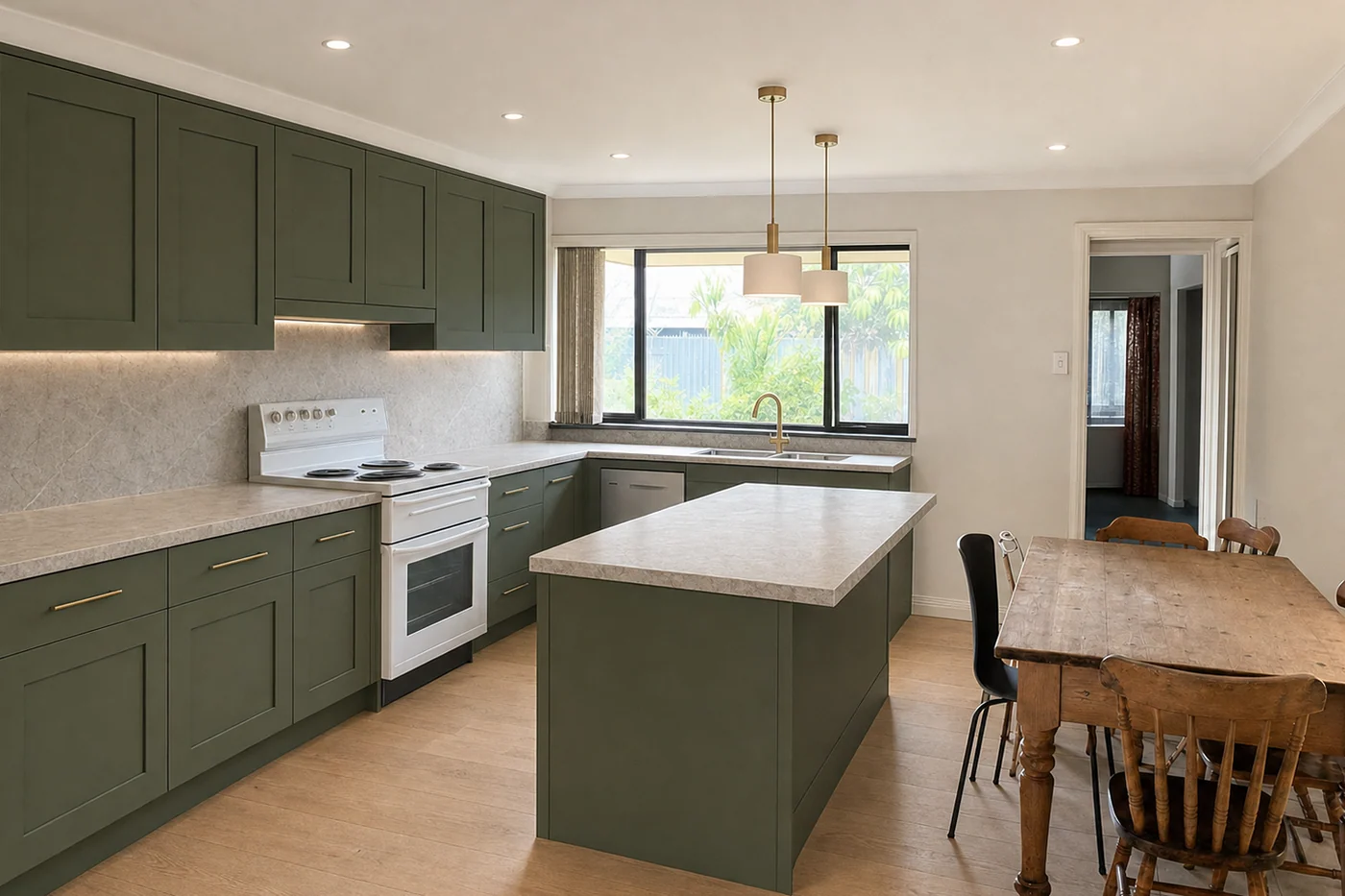 The same kitchen after renovation, with new cabinetry, benchtop and flooring, and the owner's own furniture left in place.