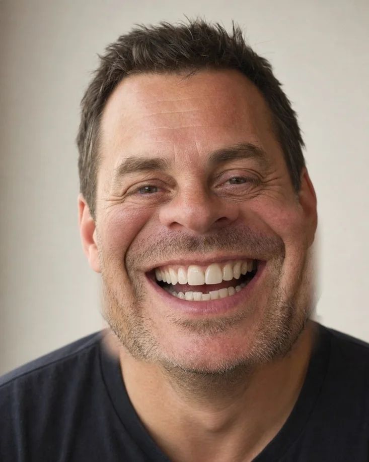 The same photograph simulated after conservative porcelain veneers, with the gap closed