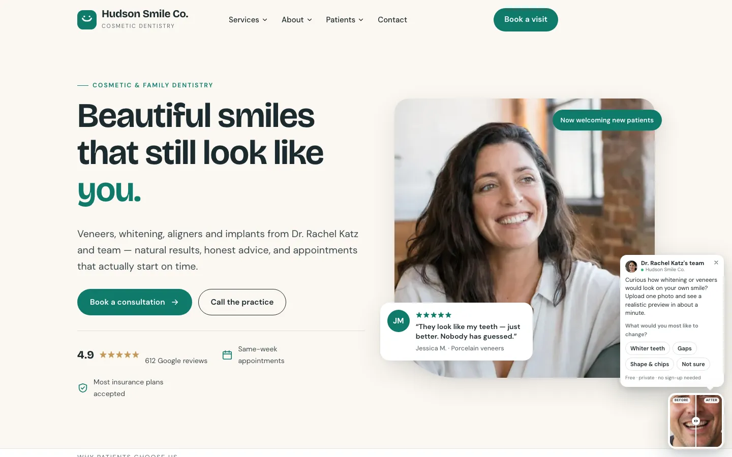 A demo dental practice's homepage. In the bottom corner is a small before-and-after of a real smile, with a short greeting above it, that opens the practice's own toolkit.