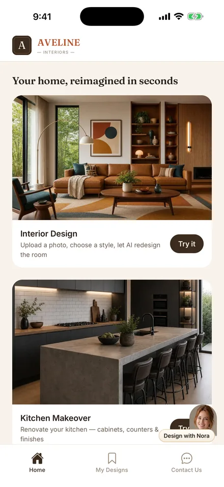 The home screen of a studio-branded room design app, listing the tools a client can use