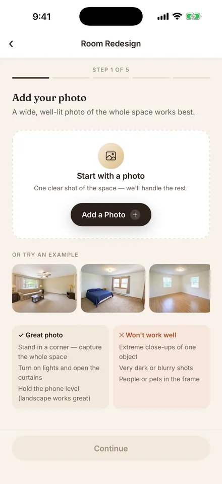 The add-a-photo screen, with guidance on what makes a good room photograph