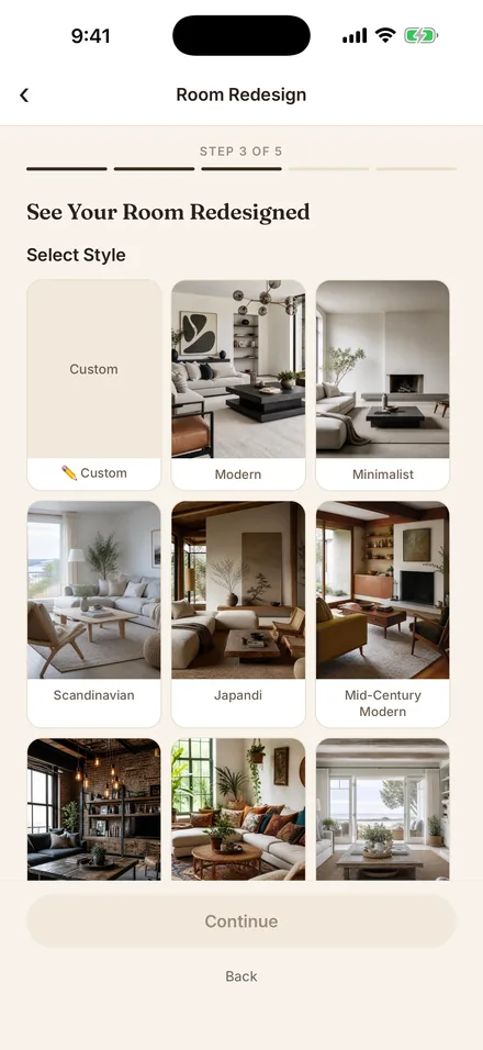 The style picker, showing a grid of interior design directions