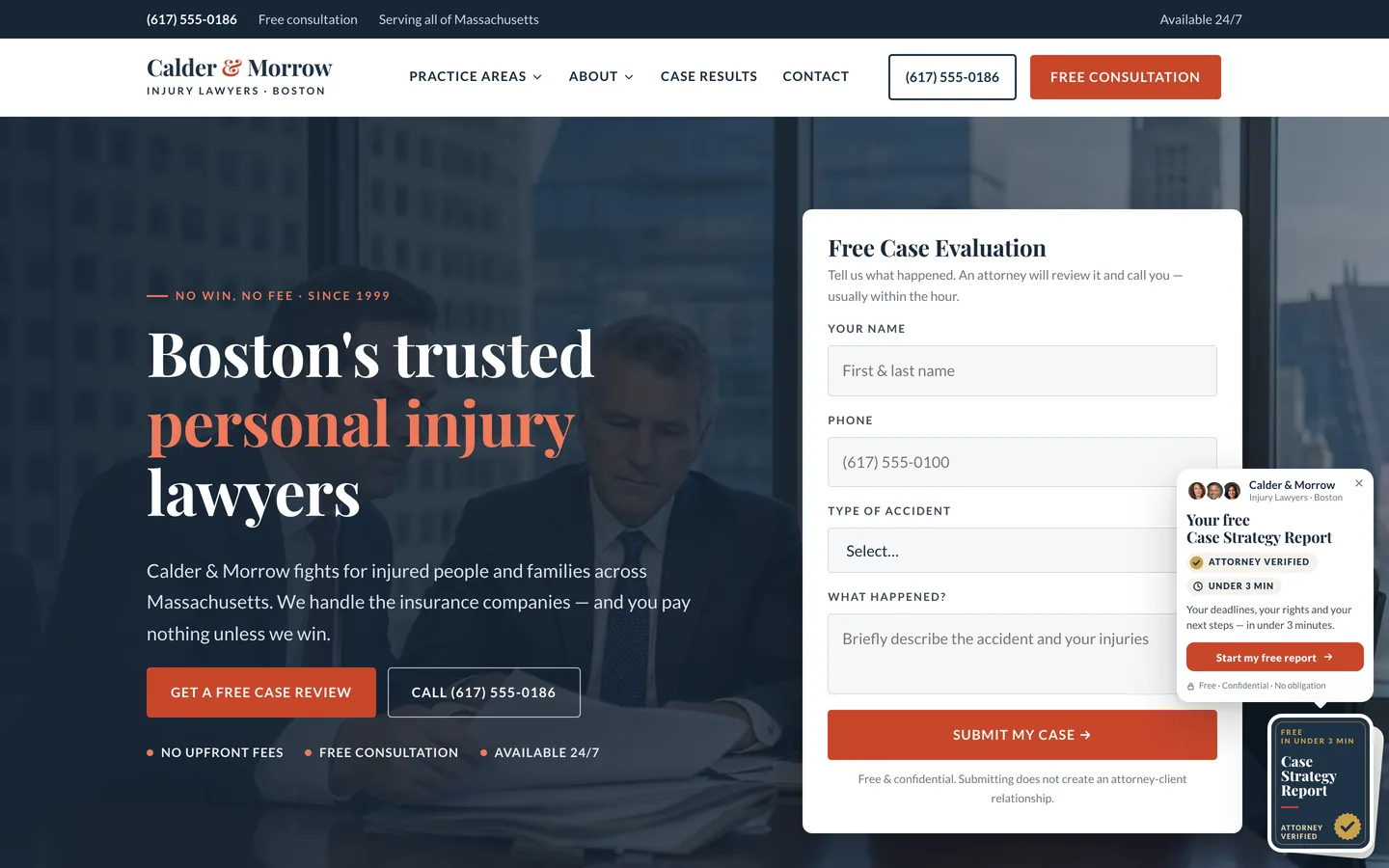 A demo personal injury firm's homepage. In the bottom corner sits the cover of a free Case Strategy Report, marked free and under 3 minutes, with a short greeting and a Start my free report button above it.