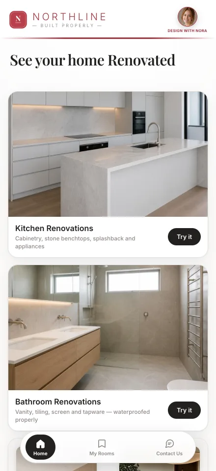 The home screen of a renovation company's own visualiser app, listing the jobs a homeowner can try