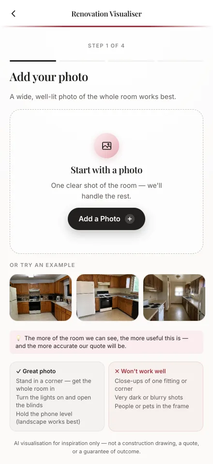 The add-a-photo screen, with guidance on what makes a usable room photograph