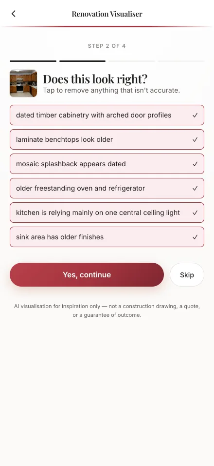 A screen listing what the app has identified in the room — dated cabinetry, laminate benchtops, an older splashback