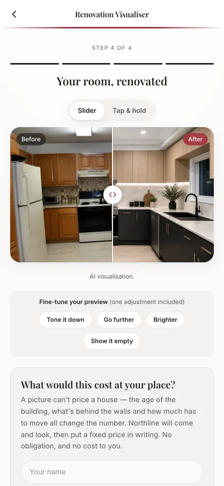 The result screen, showing a before and after comparison above a request for a fixed-price quote