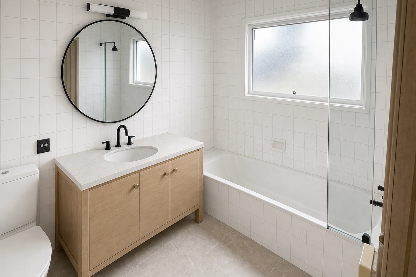The same bathroom renovated, with new wall and floor tiling, a new bath, vanity and tapware, every fixture in its original position