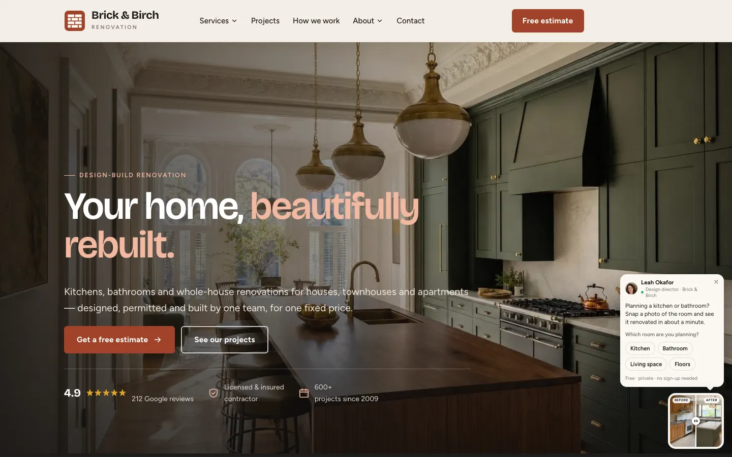 A demo renovation company's homepage. In the bottom corner is a small before-and-after of a renovated kitchen, with a short greeting above it, that opens the company's own toolkit.