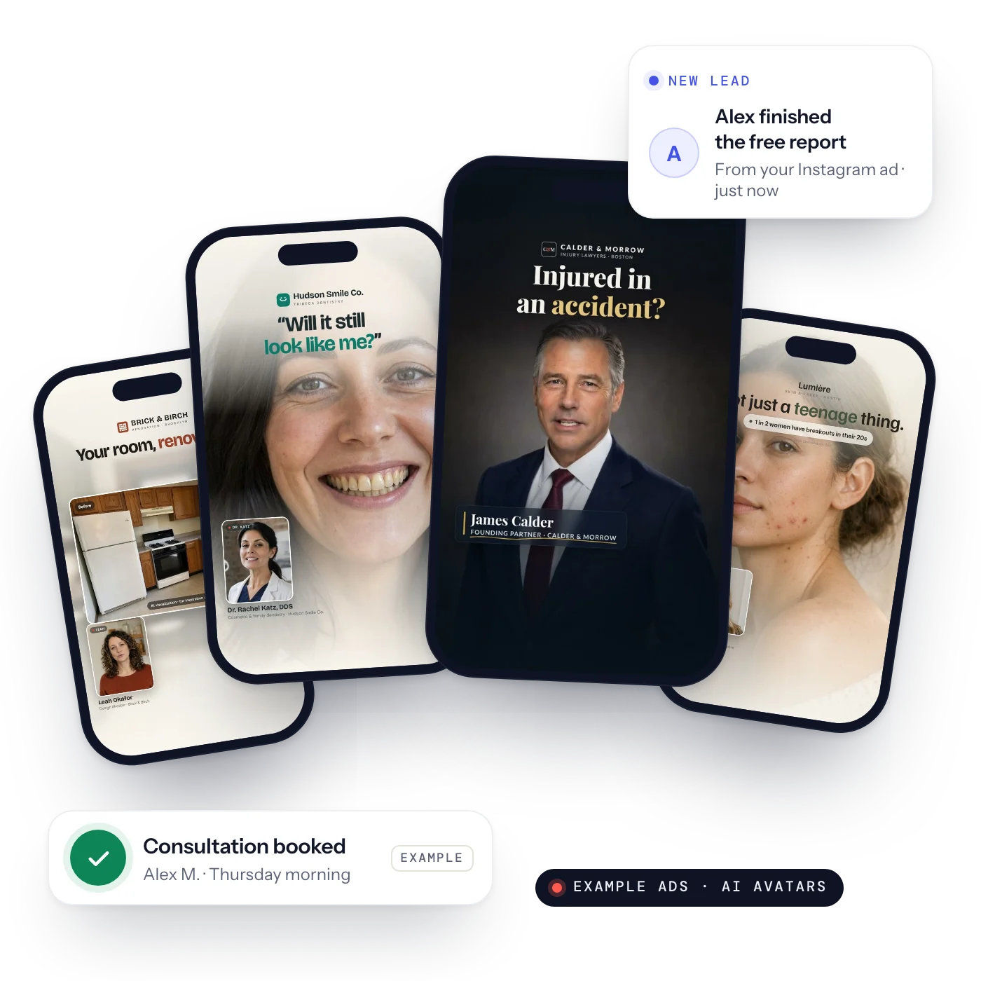 Four example video ads made with Lexivo, for a law firm, a dental practice, a med spa and a renovation company, with the lead they bring in and the consultation it books